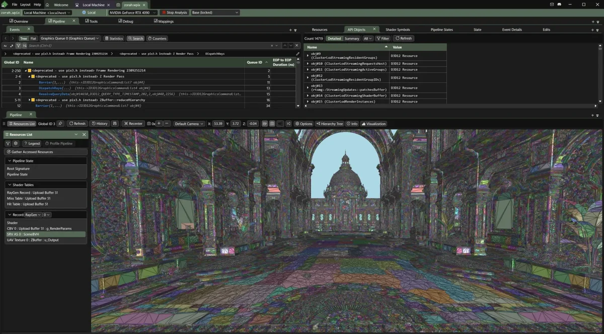 Analyse PIX de la scène Zorah sous DirectX 12 avec Clustered Geometry et Partitioned TLAS