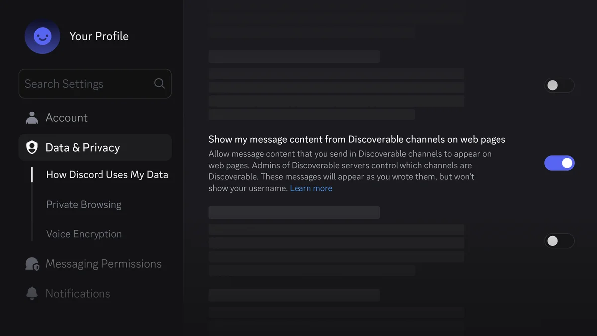 Capture officielle du menu Données et confidentialité de Discord permettant de désactiver l indexation web de ses messages