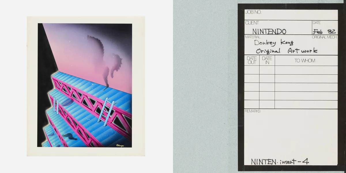Calque de fond à l'aérographe de Donkey Kong 1981 par Leslie Cabarga et bon de travail original Nintendo daté de février 1982