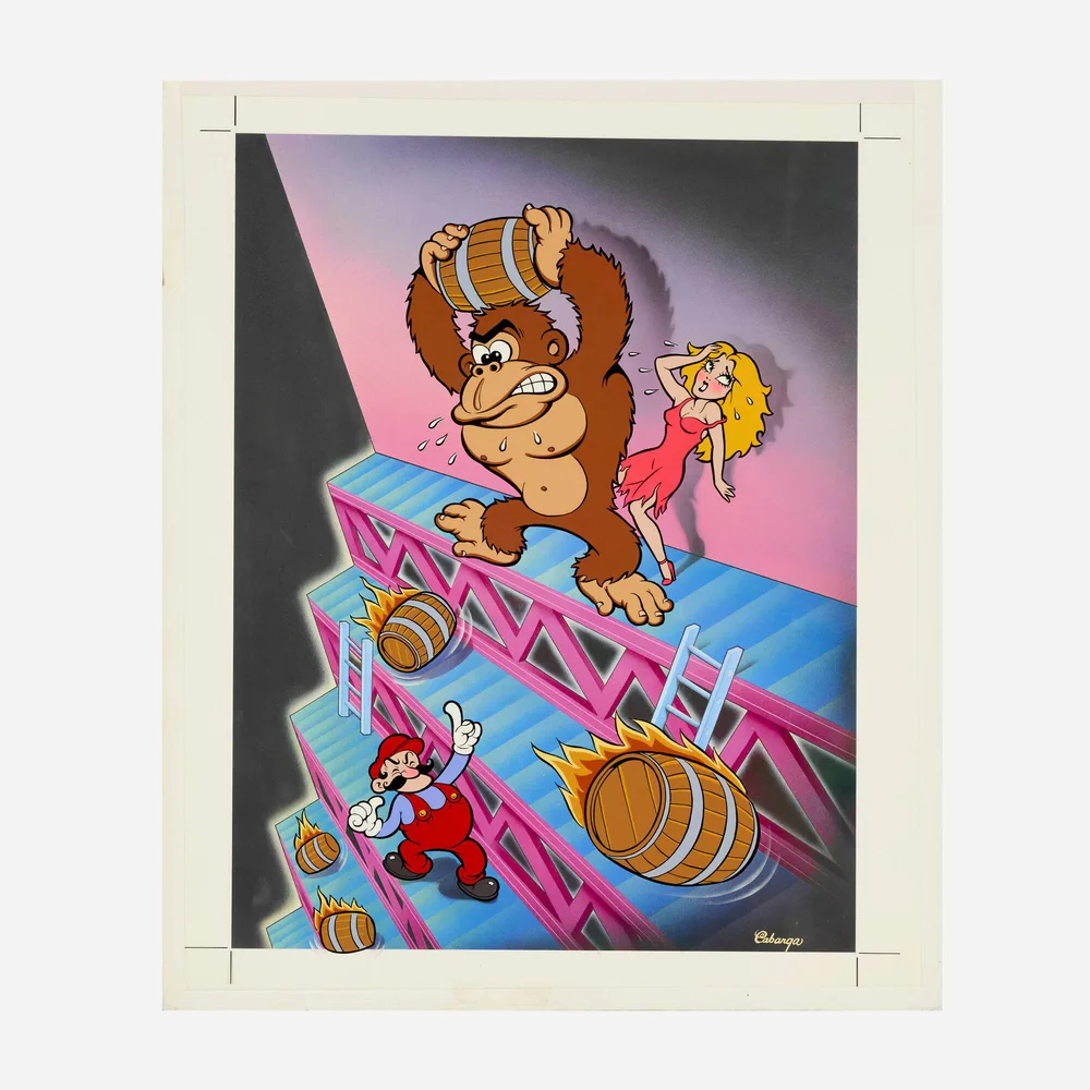 Peinture originale de 1981 du flyer arcade nord-américain de Donkey Kong par Leslie Cabarga avec Jumpman, Pauline et Donkey Kong