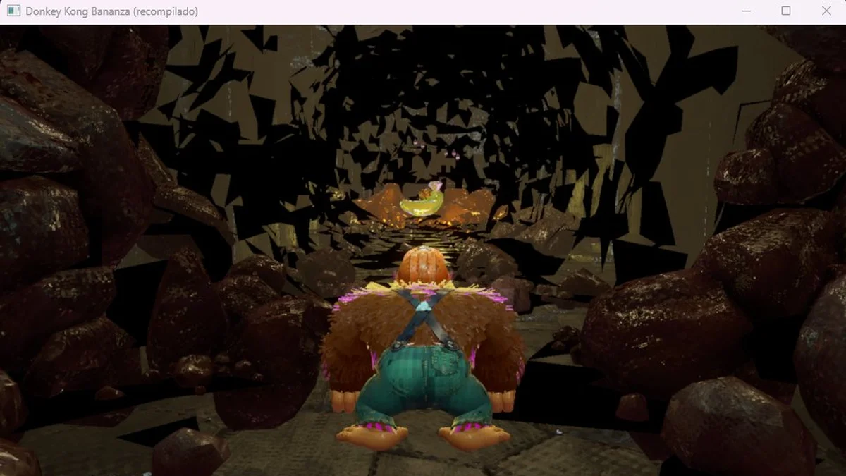 Capture de Donkey Kong Bananza tournant sur PC sous Windows 11 avec artefacts graphiques NVN2