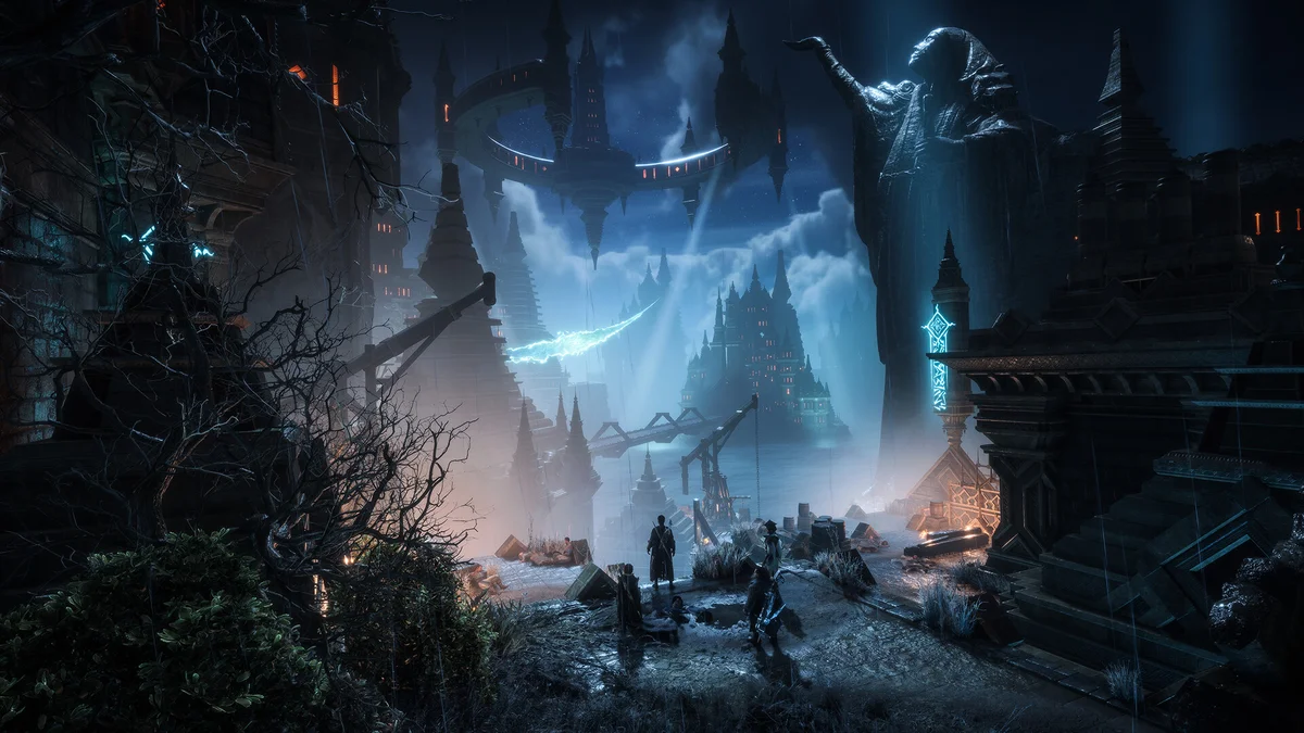 Rook et ses compagnons face à l'architecture gothique de Minrathie sous l'orage dans Dragon Age: The Veilguard