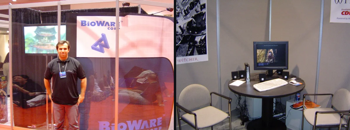 Photos d'archives du stand BioWare a l'E3 2004 accueillant la premiere demo de The Witcher par CD Projekt