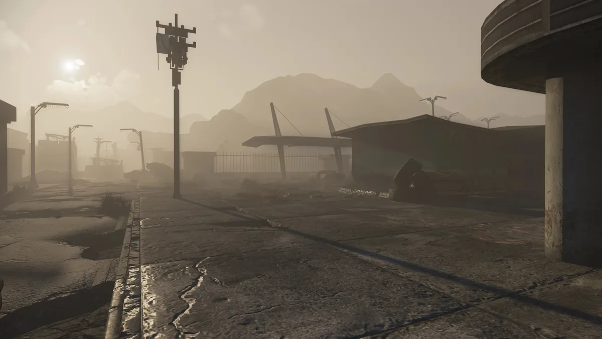 Capture en jeu de Fallout: New Vegas RTX montrant la brume volumétrique, les ombres en Path Tracing et le relief Parallax sur le béton du Mojave