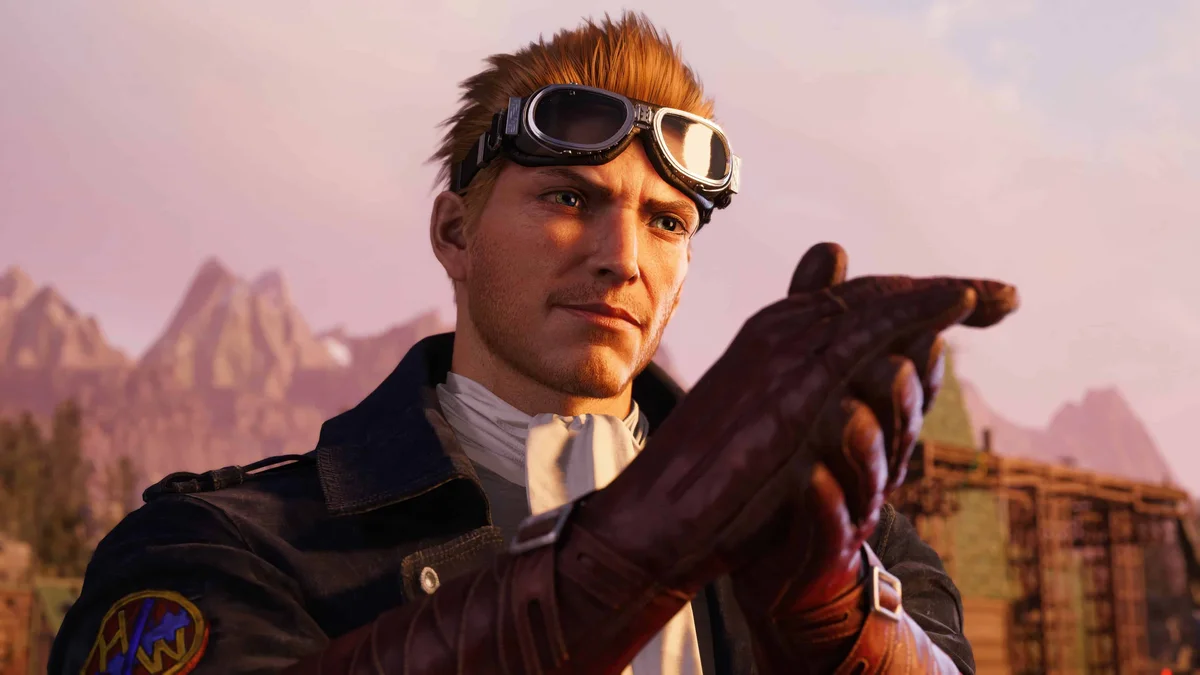Cid Highwind ajustant ses gants de pilote dans Final Fantasy VII Revelation