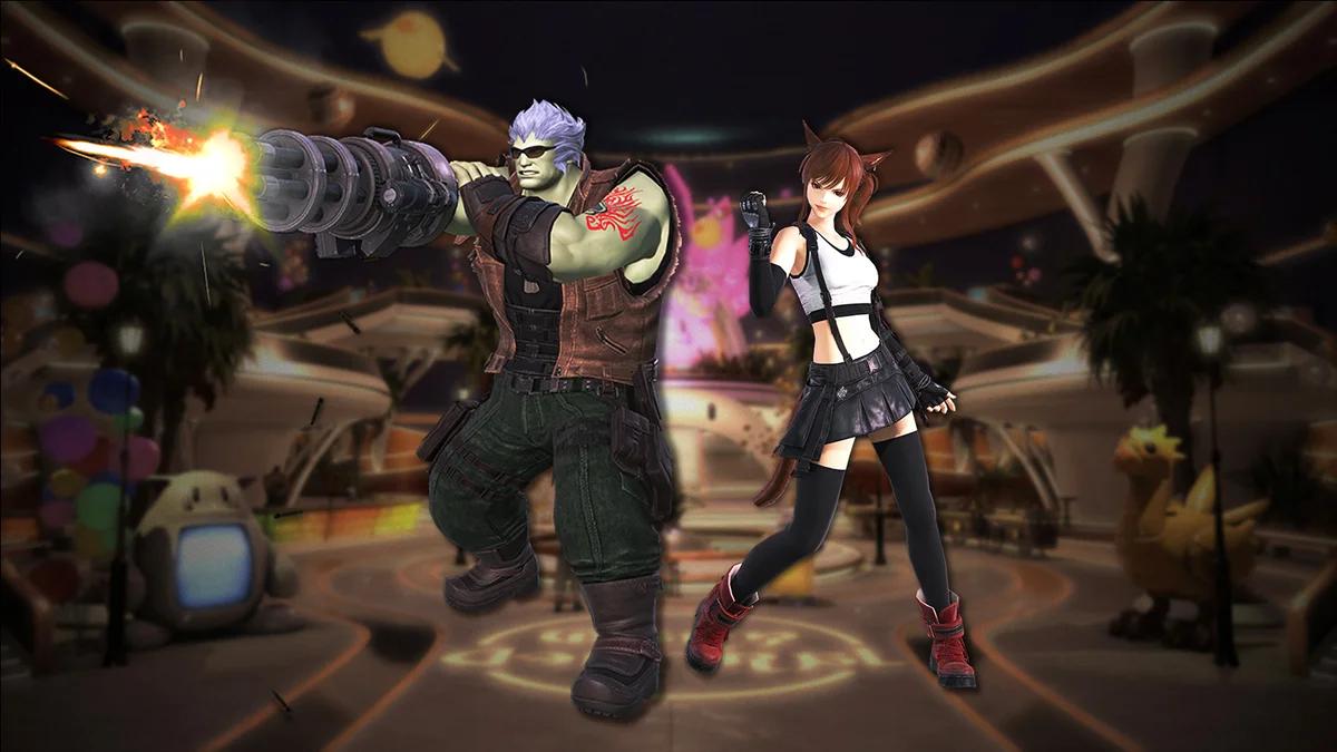 Final Fantasy XIV Frappe fatale Keybound Brawler tenues Barret et Tifa FFVII Remake au Gold Saucer