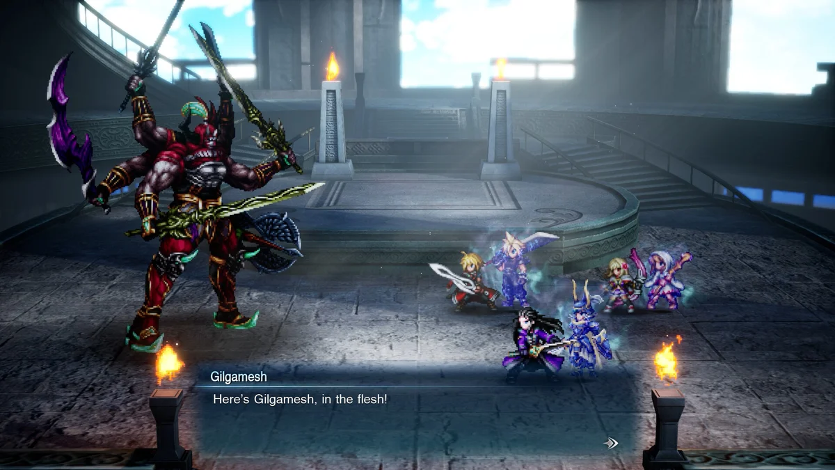 Final Fantasy Resonance combat HD-2D avec les Visions du Guerrier de la Lumi\u00e8re et de Cloud face \u00e0 Gilgamesh