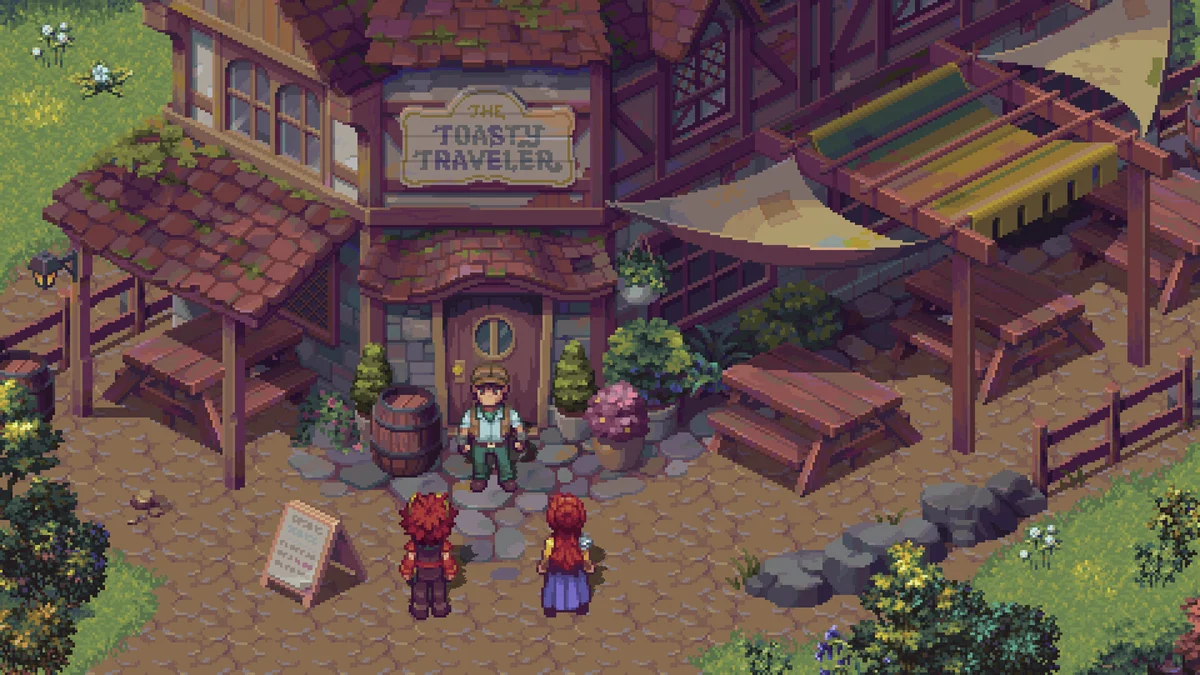 Exploration du monde d’inspiration irlandaise de Forge of the Fae par Fiora et ses alliés Fiora devant la taverne The Toasty Traveler dans le JRPG au tour par tour Forge of the Fae sur PC et consoles