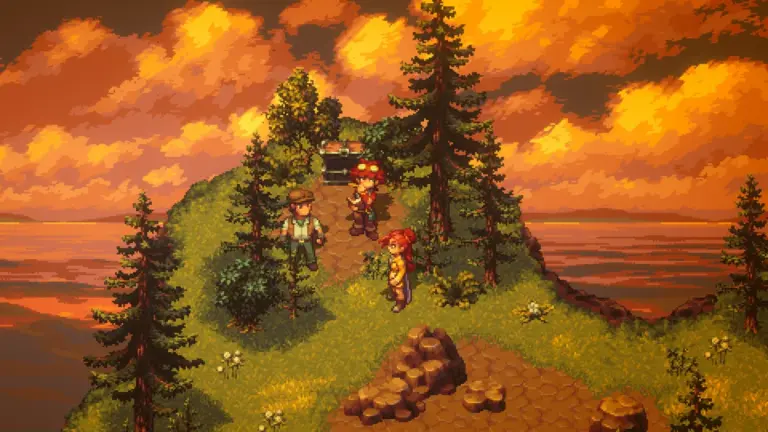 Fiora et ses compagnons contemplant le crépuscule dans le JRPG en pixel-art Forge of the Fae attendu en mars 2027