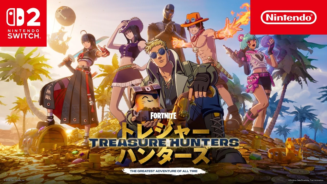 Portgas D. Ace, Nico Robin, Captain X et le Vogue Merry dans Fortnite Chasse aux trésors sur Nintendo Switch 2