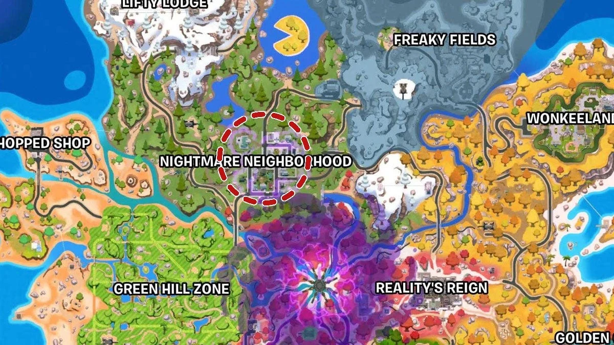 Carte de Fortnite Chapitre 7 Saison 4 indiquant Nightmare Neighborhood pour trouver l'Esprit des poubelles et Freddy Krueger