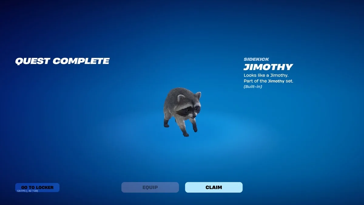 Écran de récompense Quest Complete débloquant le compagnon Jimothy gratuitement dans Fortnite