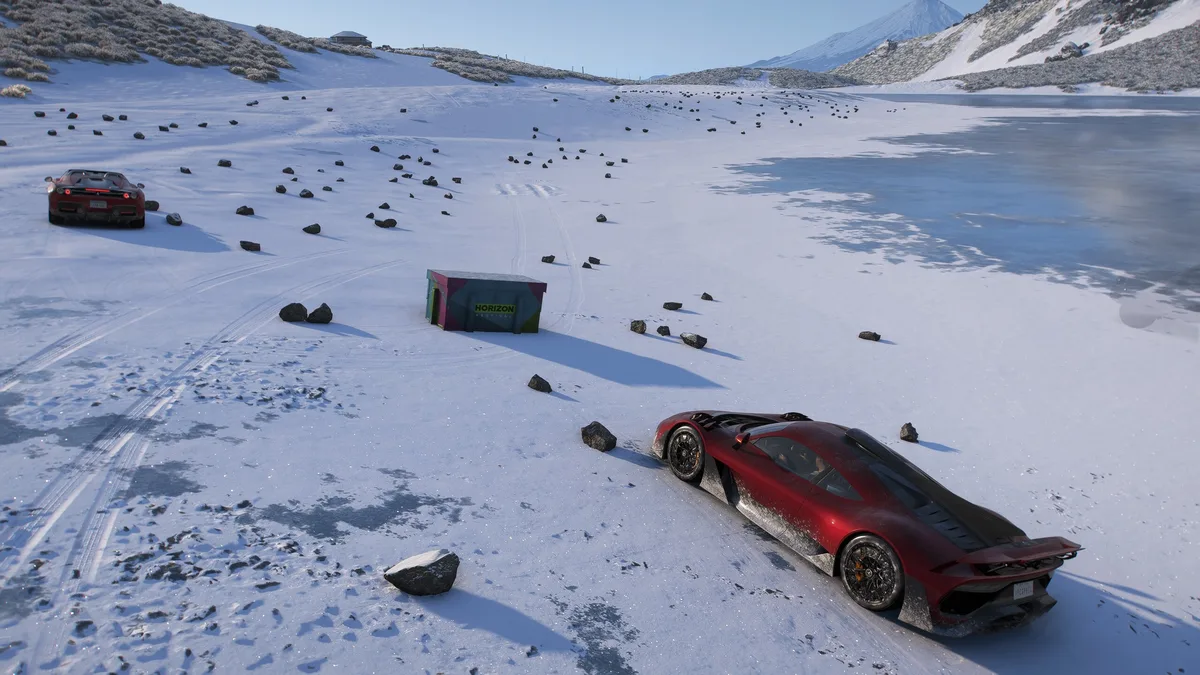 Emplacement exact du coffre au trésor Horizon Festival sur la rive enneigée du lac de Sotoyama dans Forza Horizon 6