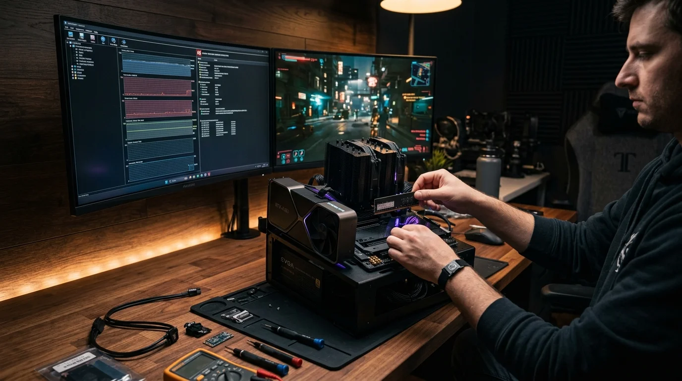 Banc de test hardware PC gamer avec diagnostics et composants d'occasion