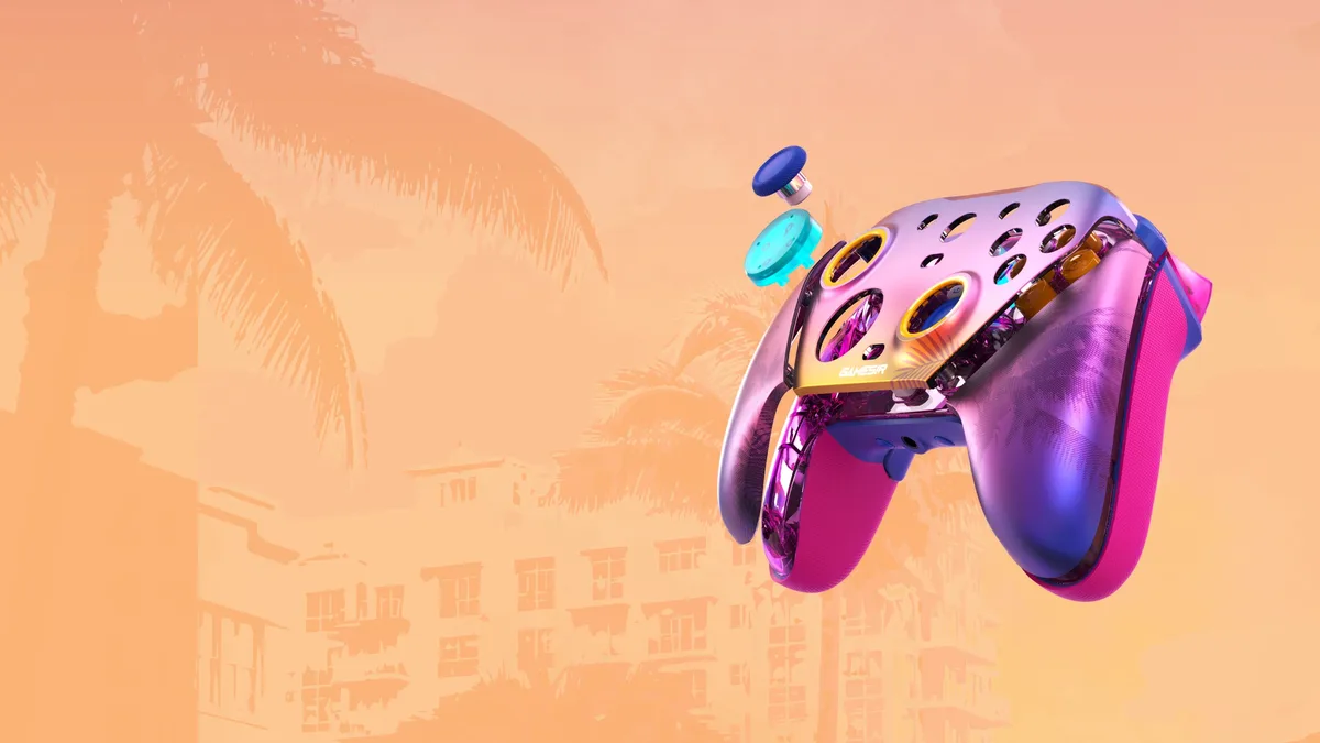 Vue éclatée de la manette GameSir G7 Pro Sunset Boulevard montrant la façade magnétique et les composants amovibles