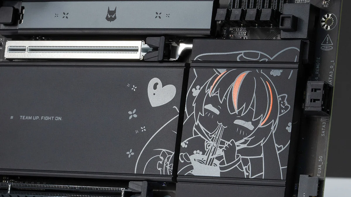 Dissipateur chipset B850 gravé avec la mascotte Ari et bouclier thermique M.2 sur la Gigabyte B850 AORUS ELITE-P