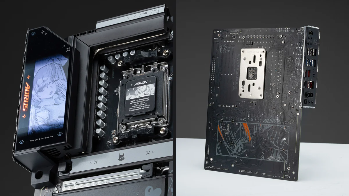 Gros plan sur l'écran AORUS DesignLab ARI, le socket AM5 et le dos du PCB de la Gigabyte B850 AORUS ELITE-P noire