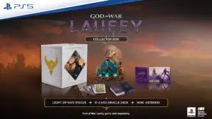 Visuel officiel de la God of War Laufey Collector Box sur PS5 avec la statuette lumineuse de Faye, le jeu de 51 cartes Oracle et le mini artbook