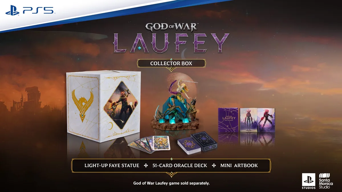 Visuel officiel de la God of War Laufey Collector Box sur PS5 avec la statuette lumineuse de Faye, le jeu de 51 cartes Oracle et le mini artbook