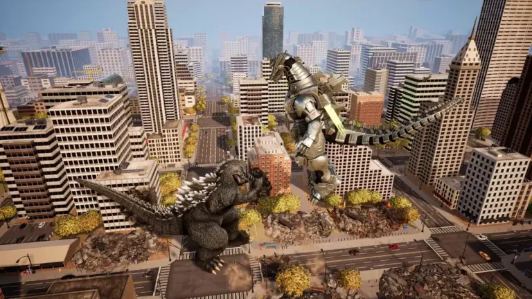 Godzilla affronte Kiryu au milieu des gratte-ciel dans Godzilla: Destroy All Monsters Melee Remastered