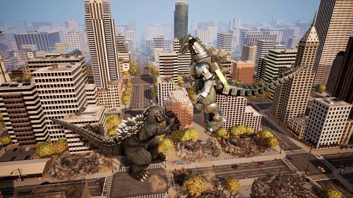 Godzilla affronte Kiryu au milieu des gratte-ciel dans Godzilla: Destroy All Monsters Melee Remastered