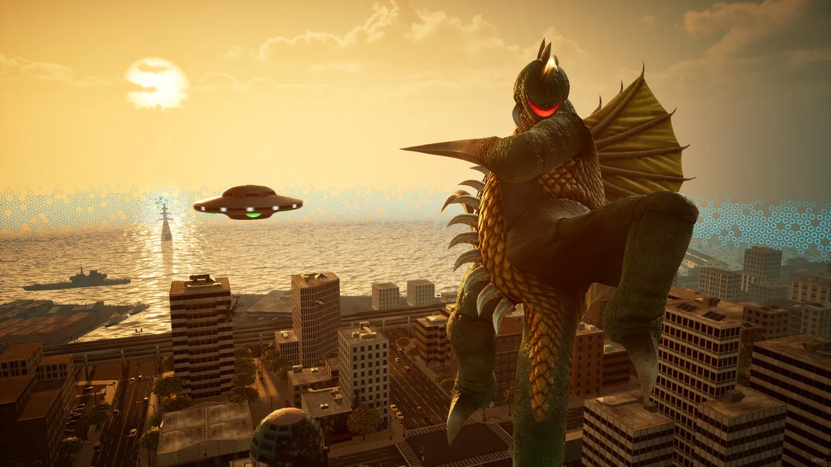 Gigan en plein combat dans une arène urbaine de Godzilla: Destroy All Monsters Melee Remastered