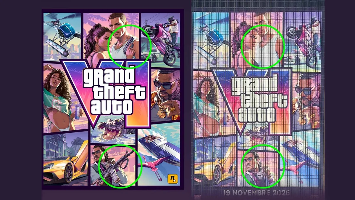 Comparaison entre l artwork officiel de GTA 6 et la bache parisienne sans armes pour Lucia et Raul Bautista