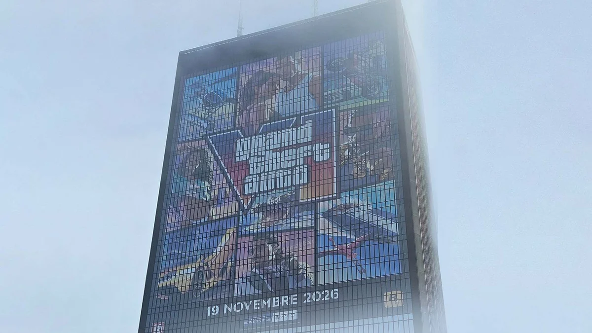 Affiche géante de GTA 6 aux portes de Paris illustrant le marché français du jeu vidéo face à la taxe sur les données numériques