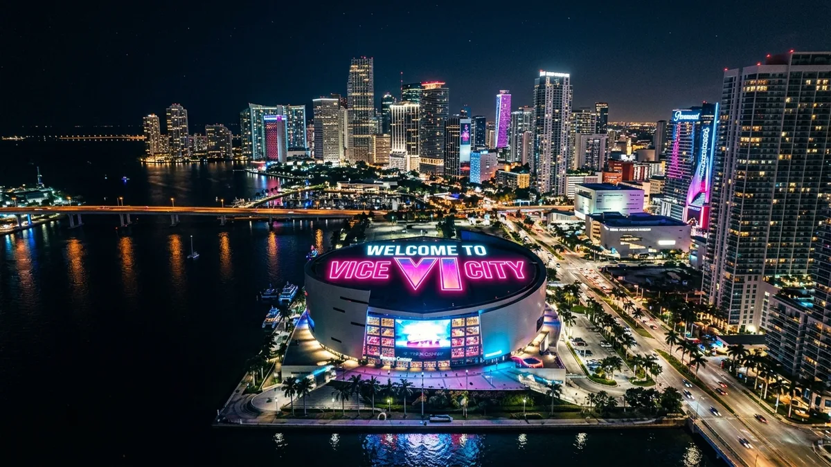GTA 6 illumine le toit du Kaseya Center à Miami avec le panneau Welcome to Vice City