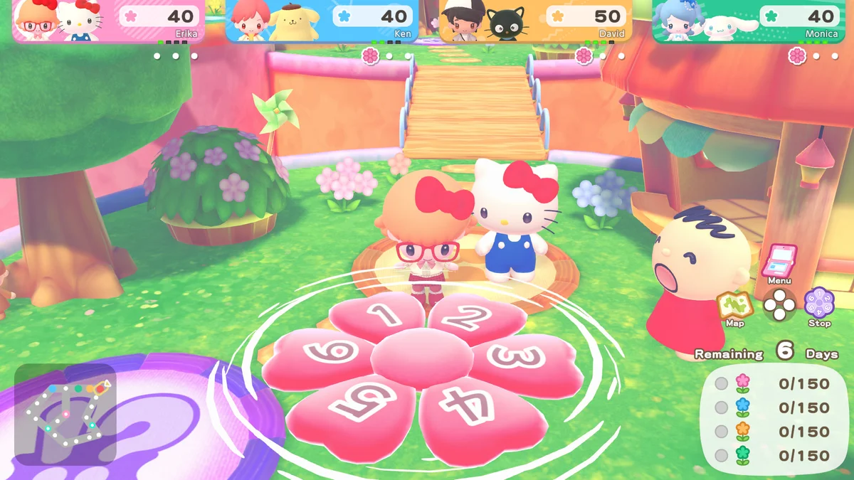 Gameplay du mode jeu de plateau de Hello Kitty Party Land sur Nintendo Switch 2 avec quatre duos de joueurs et compagnons Sanrio