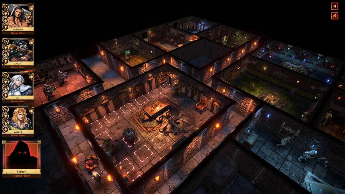 HeroQuest: Digital Edition plateau de donjon 3D et interface multijoueur à 5 avec Zargon HeroQuest: Digital Edition capture de gameplay du donjon en 3D avec les quatre héros et le portrait de Zargon contrôlé par un joueur