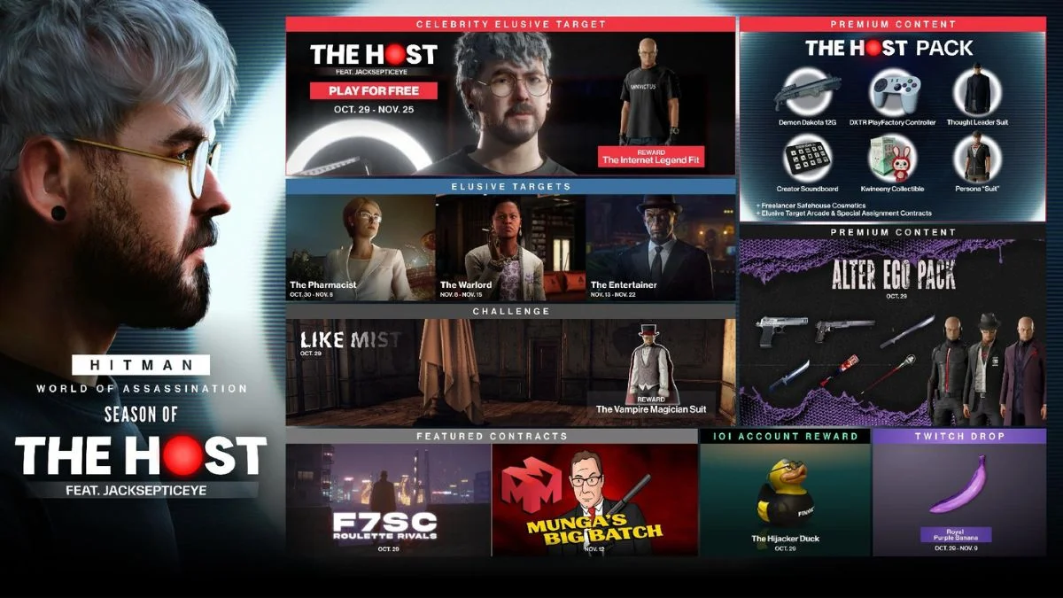 Feuille de route officielle Season of The Host pour Hitman World of Assassination en octobre et novembre 2026