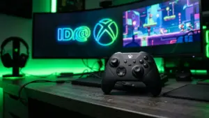 Manette Xbox et logo ID@Xbox sur écran de streaming pour le showcase de jeux indépendants et Game Pass