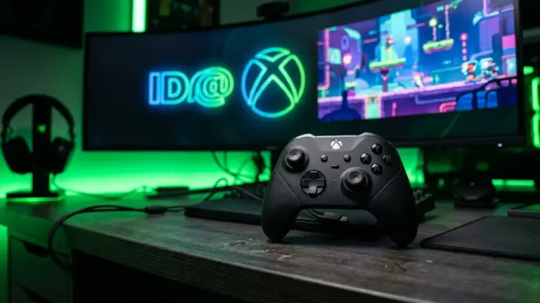 Manette Xbox et logo ID@Xbox sur écran de streaming pour le showcase de jeux indépendants et Game Pass