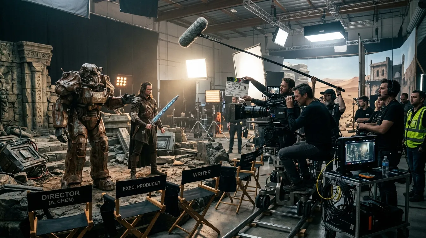 Tournage cinéma d'adaptations de jeux vidéo avec armure de Fallout sur plateau de production