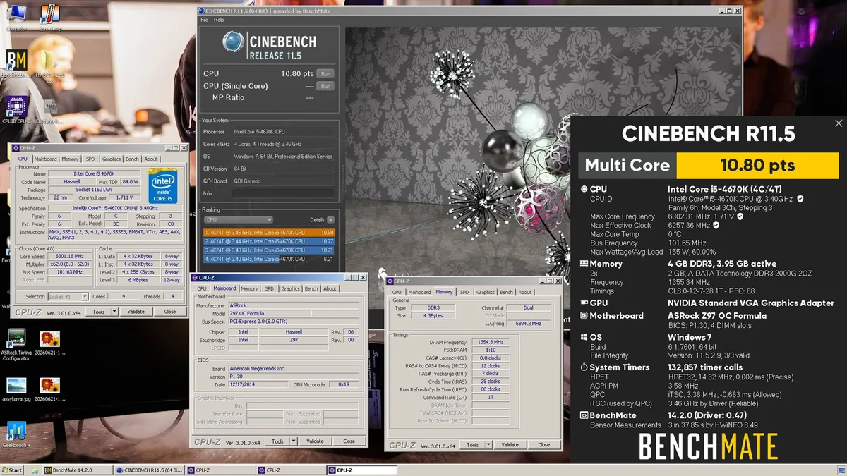 Capture officielle CPU-Z et Cinebench R11.5 du record du monde de Luumi à 10,80 points sur Intel Core i5-4670K à 6,3 GHz