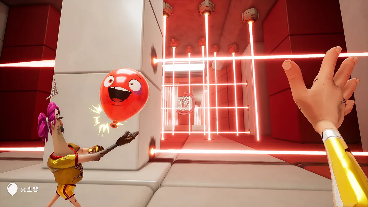 Deux cobayes frappent un ballon rouge devant une grille de lasers dans Keep It Up! sur Steam