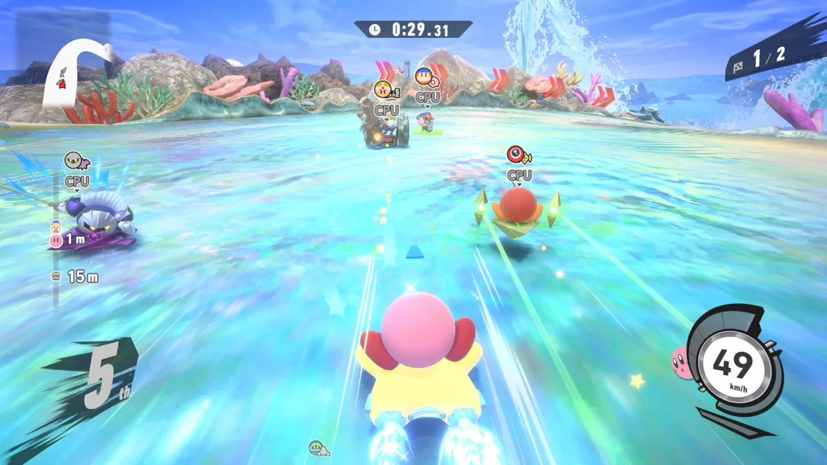 Kirby sur sa Warp Star face à Meta Knight et Waddle Doo dans Kirby Air Riders sur Nintendo Switch 2