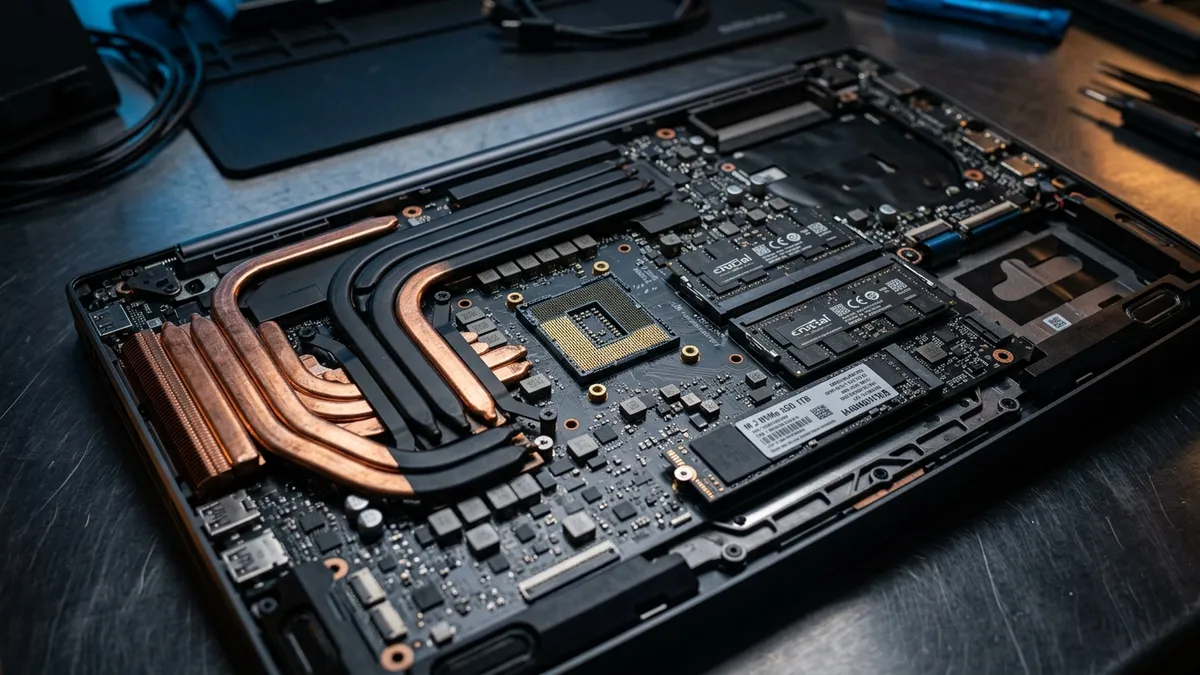 Composants internes d'un ordinateur portable gaming avec processeur, barrettes de RAM et SSD NVMe