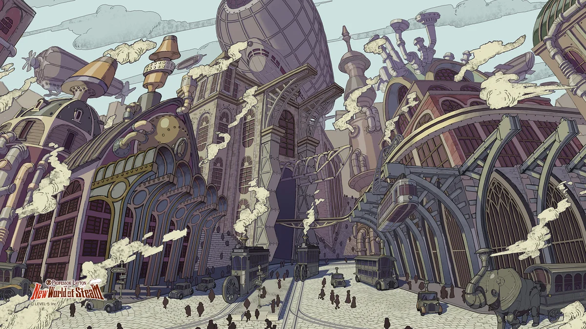 Vue des avenues, monorails et machines à vapeur de la ville de Steam Bison dans Professeur Layton et le Nouveau Monde à Vapeur