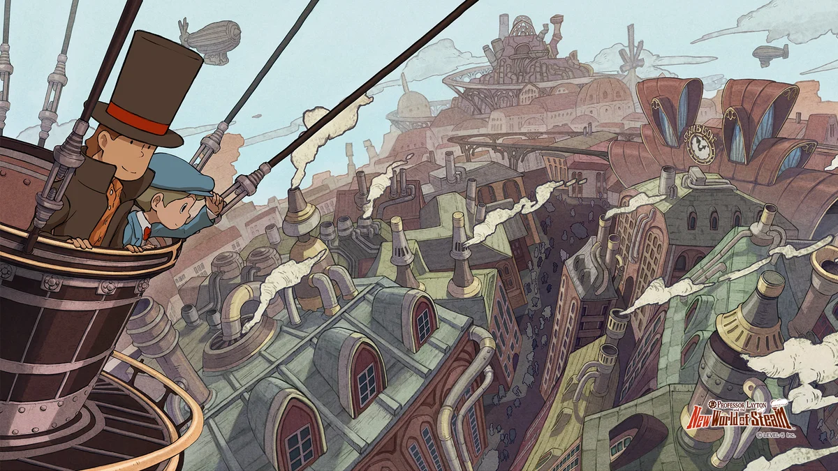 Hershel Layton et Luke Triton survolent la ville industrielle de Steam Bison en dirigeable dans Professeur Layton et le Nouveau Monde a Vapeur