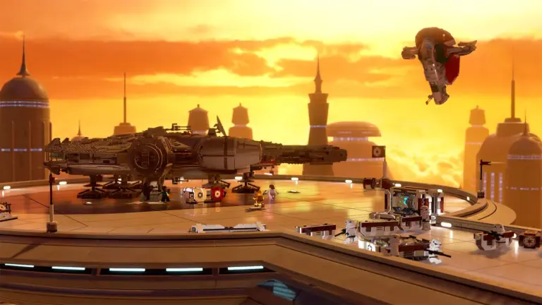 Le Faucon Millenium posé sur la Cité des Nuages dans LEGO Star Wars: The Skywalker Saga, qui quitte le Xbox Game Pass le 31 octobre 2026