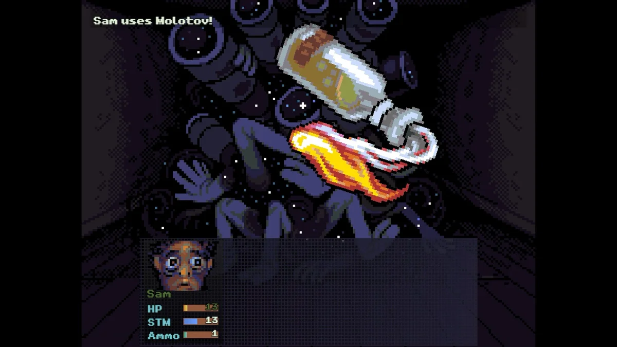 Look Outside combat au cocktail Molotov contre un boss cosmique en pixel art