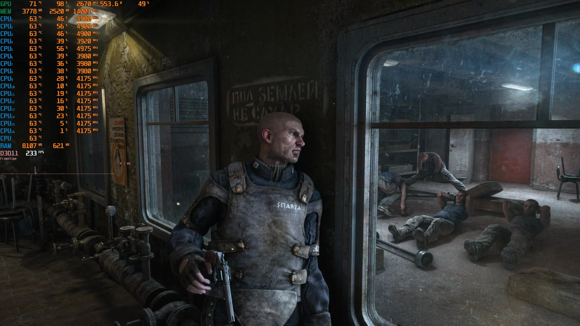 Capture de test Metro 2033 Redux avec rendu neuronal DLSS 5 actif a 233 FPS et 553 W sur GeForce RTX