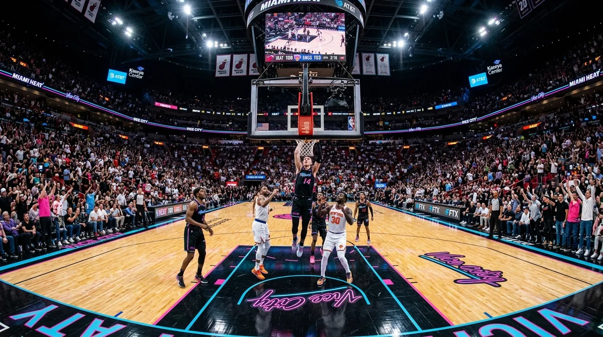 Parquet néon rose et maillots Vice City du Miami Heat pour le match officiel NBA