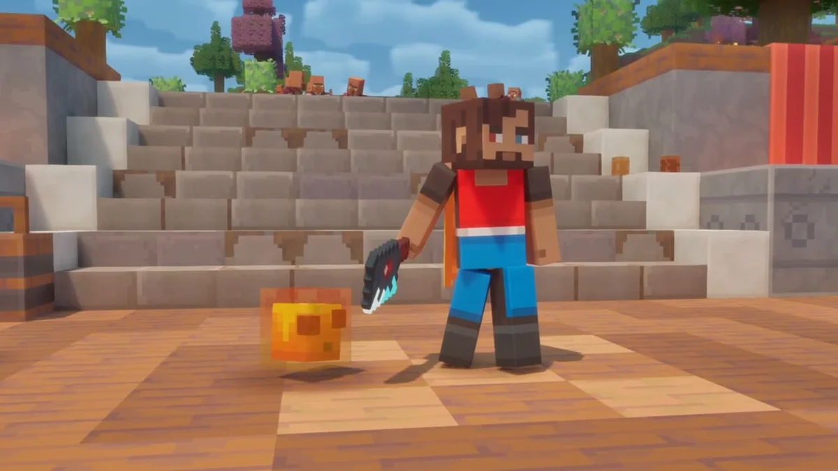 Un héros de Minecraft Dungeons II à Brave Haven portant le Domino's Skin accompagné du familier Cheesy Cube Pet