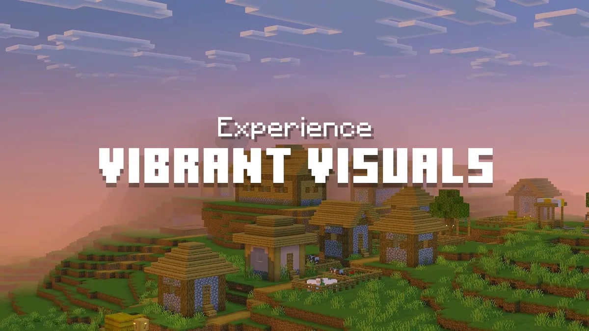 Village illuminé par le moteur graphique Vibrant Visuals dans Minecraft sur Nintendo Switch 2