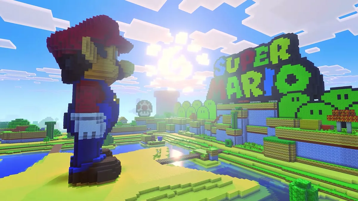 Statue g\u00e9ante de Mario et Royaume Champignon sous le moteur Vibrant Visuals dans Minecraft sur Nintendo Switch 2