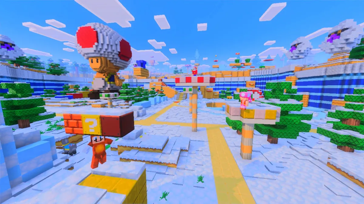 Statue géante de Toad et bloc point d interrogation dans le pack exclusif Super Mario Mash-Up sur Minecraft Nintendo Switch 2 Edition