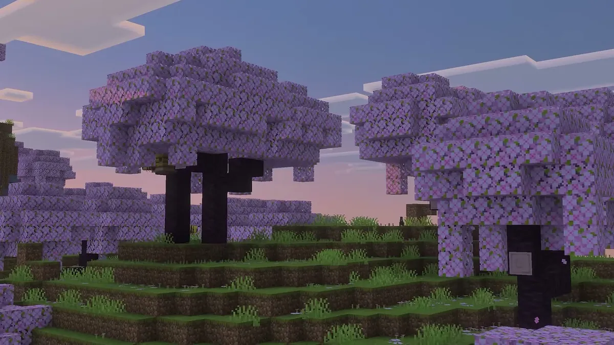 Bosquet de cerisiers illuminé par les ombres dynamiques en temps réel de Vibrant Visuals dans Minecraft sur Nintendo Switch 2